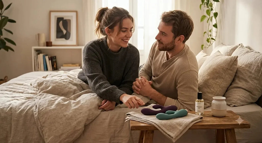 Pareja descubriendo juguetes eróticos juntos — anillo vibrador, vibrador tipo U y kits de pareja de OMerotics
