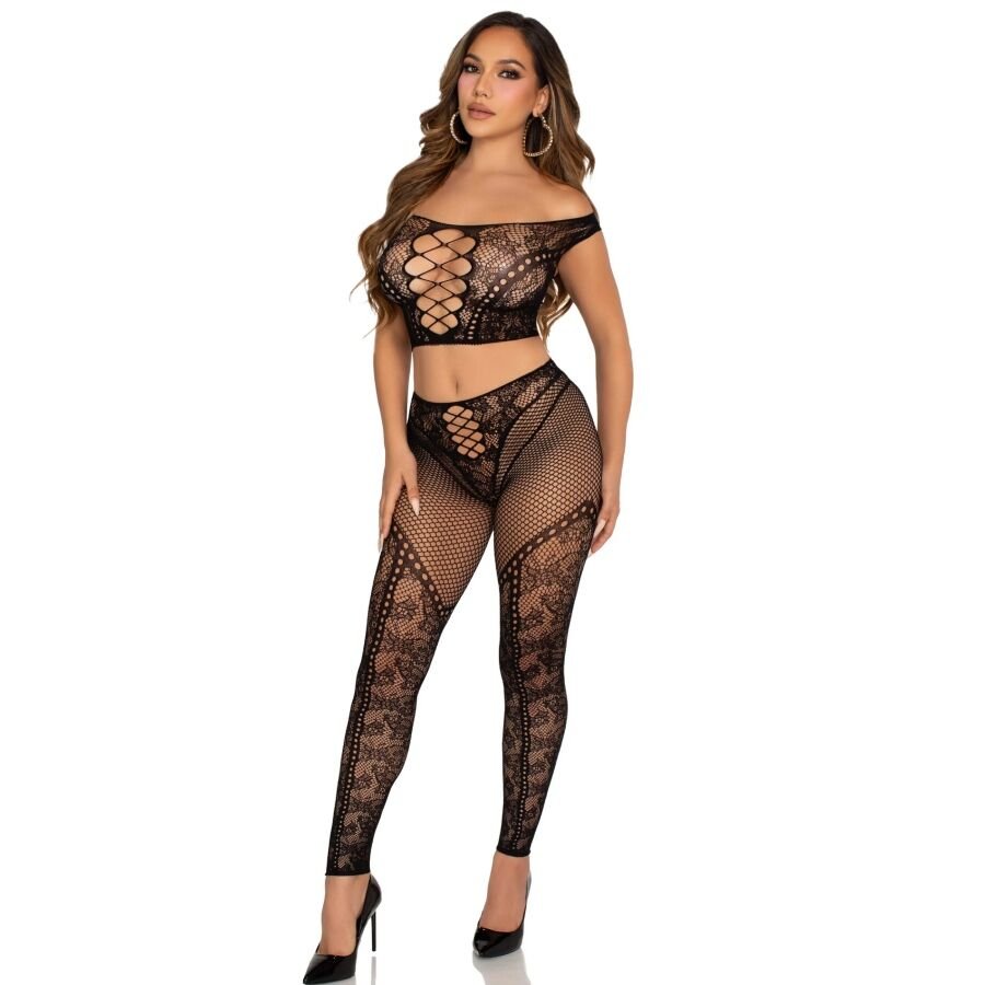 LEG AVENUE - CROP TOP Y LEGGING DE REJILLA CON HOMBROS DESCUBIERTOS NEGRO - OMerotics