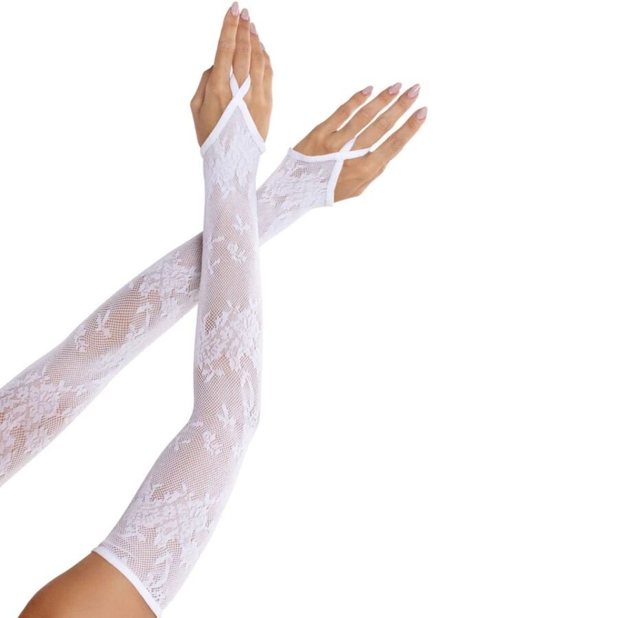 LEG AVENUE - GUANTES EXTRALARGOS CALIENTABRAZOS DE ENCAJE FLORAL BLANCO - OMerotics