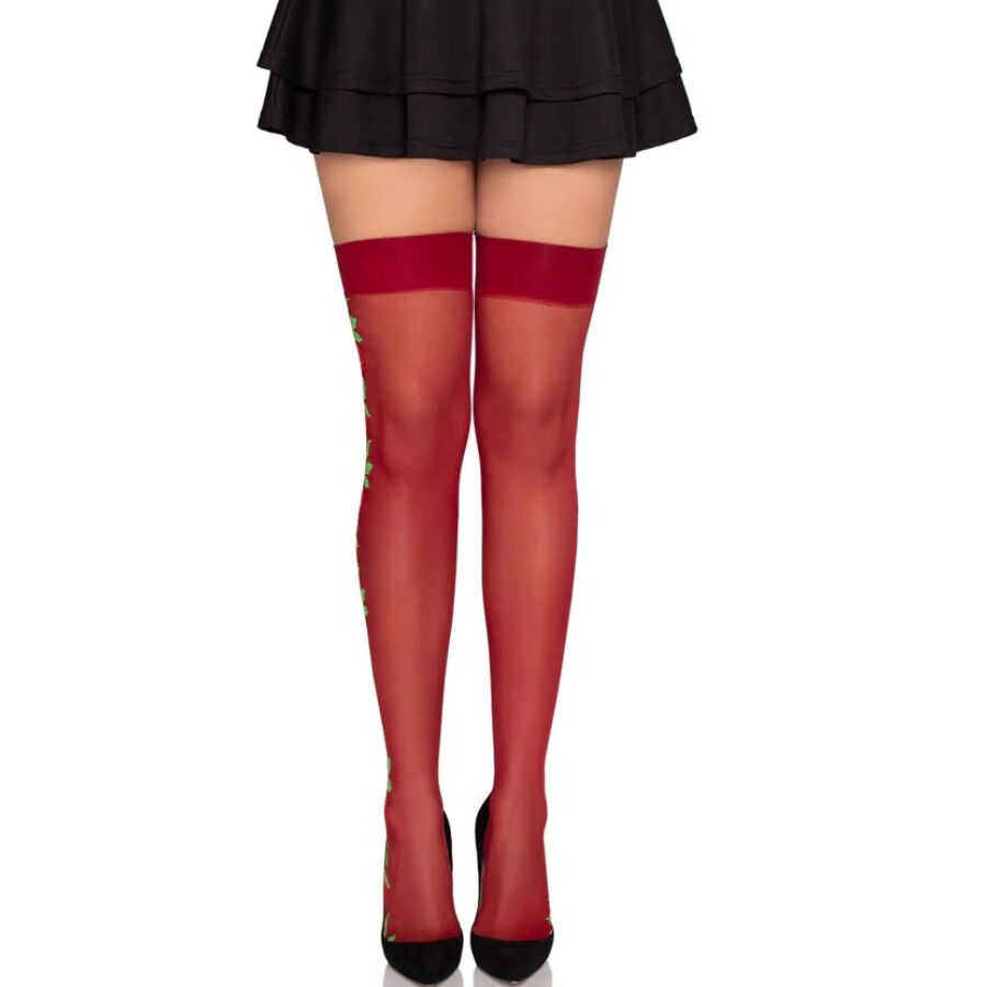 LEG AVENUE - 1957 MEDIAS DE LIGUERO CON FLORES ROJAS - TALLA ÚNICA - OMerotics