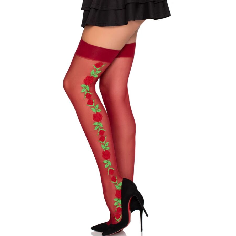 LEG AVENUE - 1957 MEDIAS DE LIGUERO CON FLORES ROJAS - TALLA ÚNICA - OMerotics