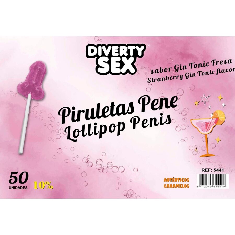 DIABLO GOLOSO - 50 PIRULETAS PENE GIN TONIC FRESA 10% ALCOHOL - OMerotics