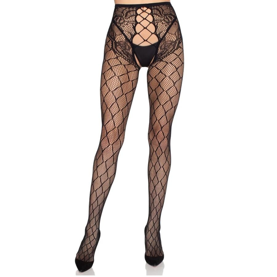 LEG AVENUE - 1966 MEDIAS DE RED CON PANTY SIN ENTREPIERNA NEGRO - TALLA ÚNICA - OMerotics