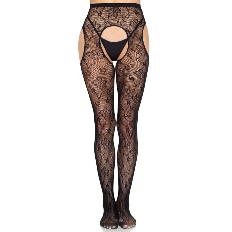 LEG AVENUE - 1967 MEDIAS DE LIGUERO CON RED DE FLORES NEGRO - TALLA ÚNICA - OMerotics