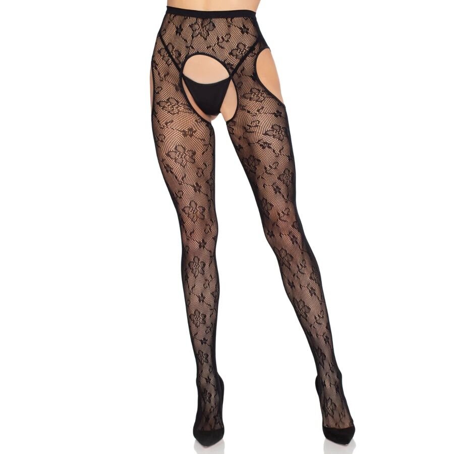 LEG AVENUE - 1967 MEDIAS DE LIGUERO CON RED DE FLORES NEGRO - TALLA ÚNICA - OMerotics
