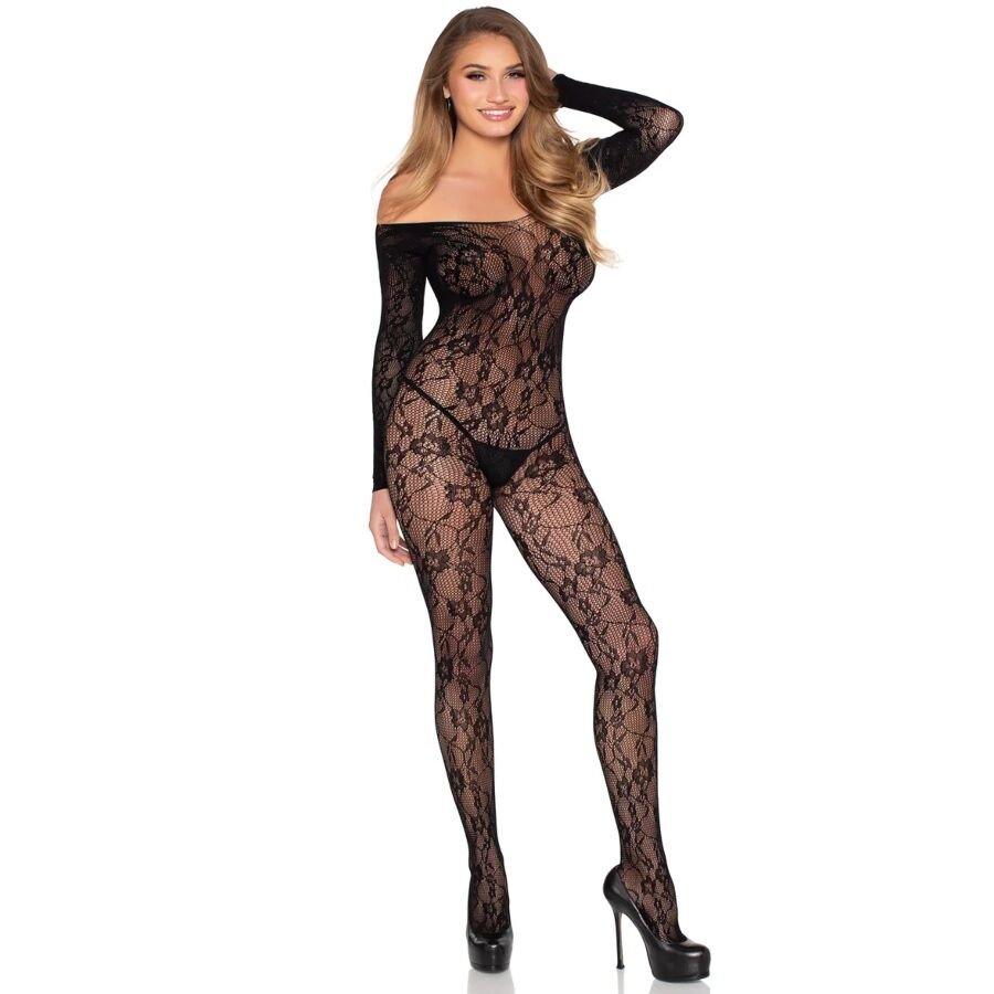 LEG AVENUE - 89366 BODYSTOCKING DE LENCERÍA DE ENCAJE NEGRO - TALLA ÚNICA - OMerotics