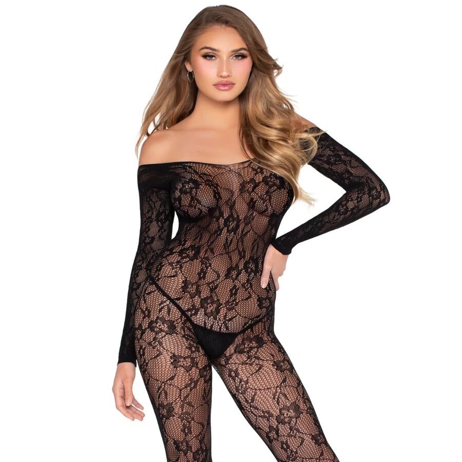 LEG AVENUE - 89366 BODYSTOCKING DE LENCERÍA DE ENCAJE NEGRO - TALLA ÚNICA - OMerotics