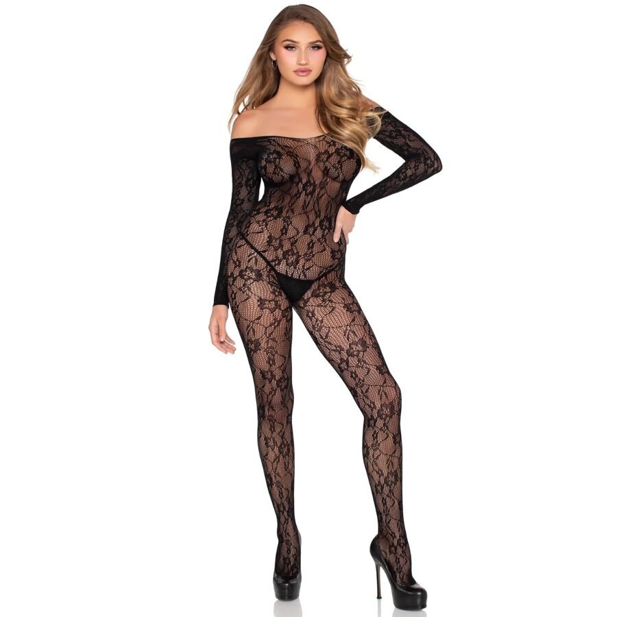 LEG AVENUE - 89366 BODYSTOCKING DE LENCERÍA DE ENCAJE NEGRO - TALLA ÚNICA - OMerotics