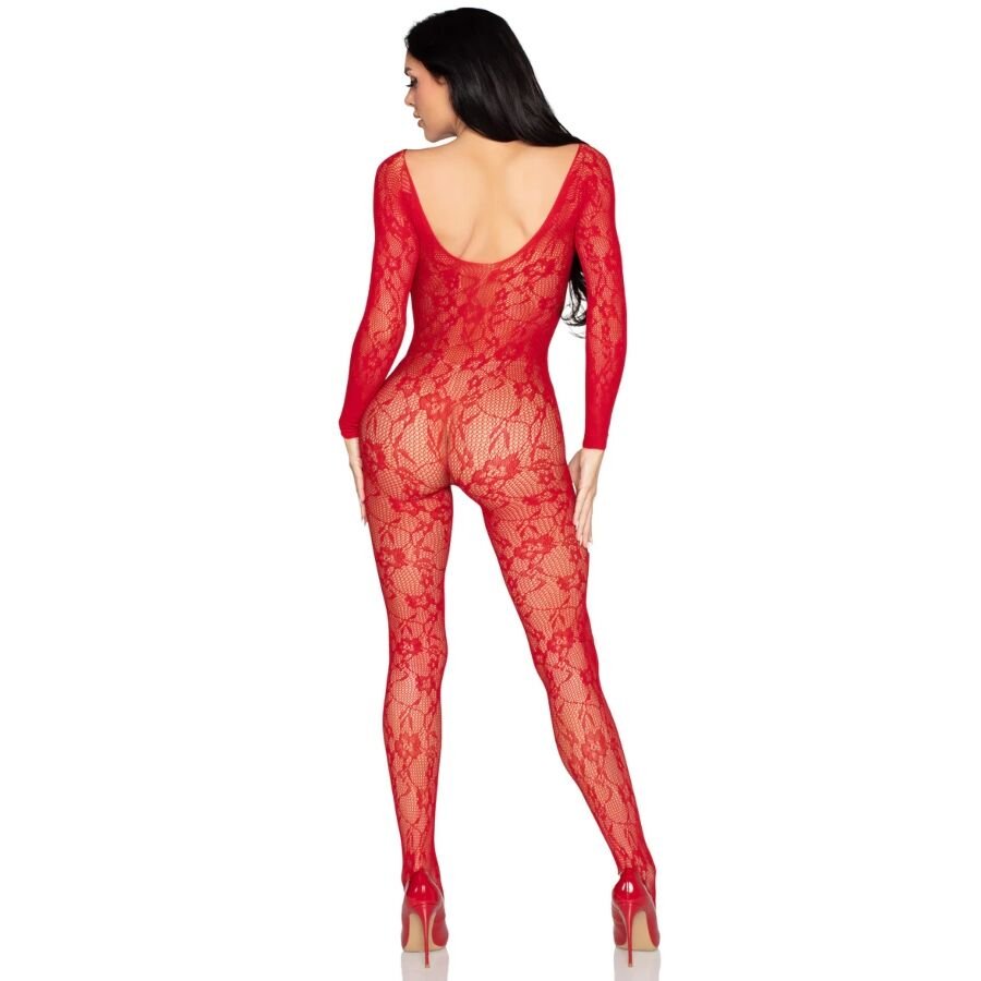LEG AVENUE - 89366 BODYSTOCKING DE LENCERÍA DE ENCAJE ROJO - TALLA ÚNICA - OMerotics