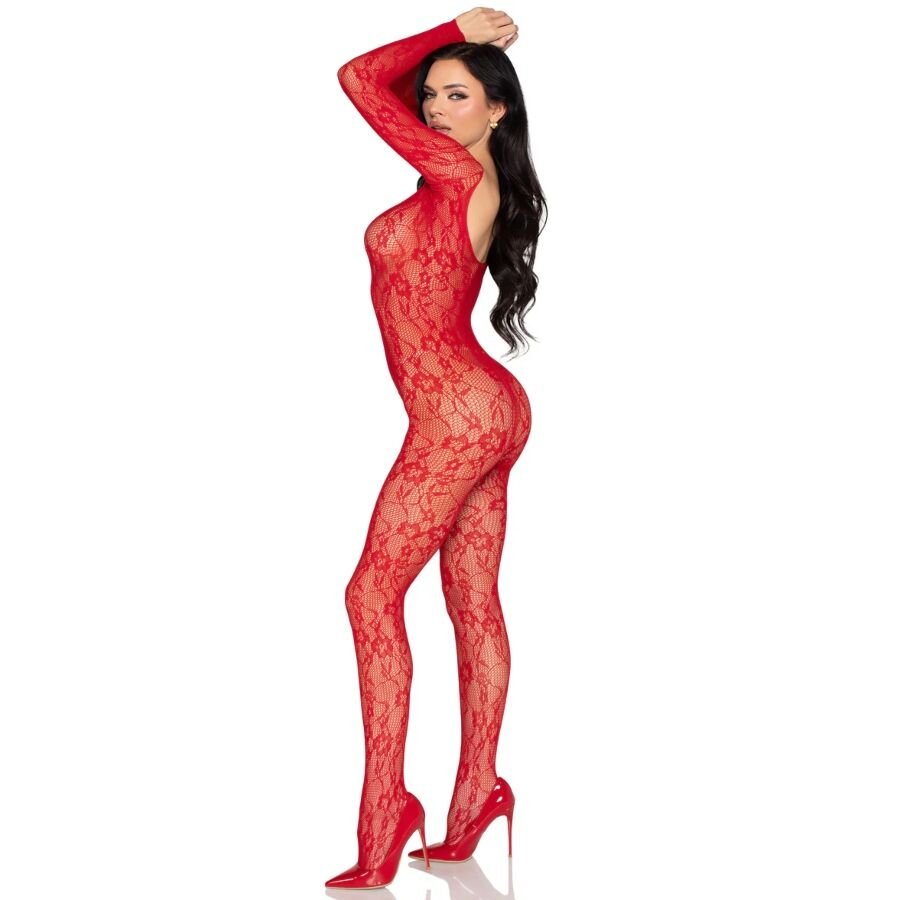 LEG AVENUE - 89366 BODYSTOCKING DE LENCERÍA DE ENCAJE ROJO - TALLA ÚNICA - OMerotics