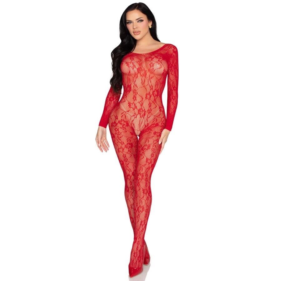 LEG AVENUE - 89366 BODYSTOCKING DE LENCERÍA DE ENCAJE ROJO - TALLA ÚNICA - OMerotics