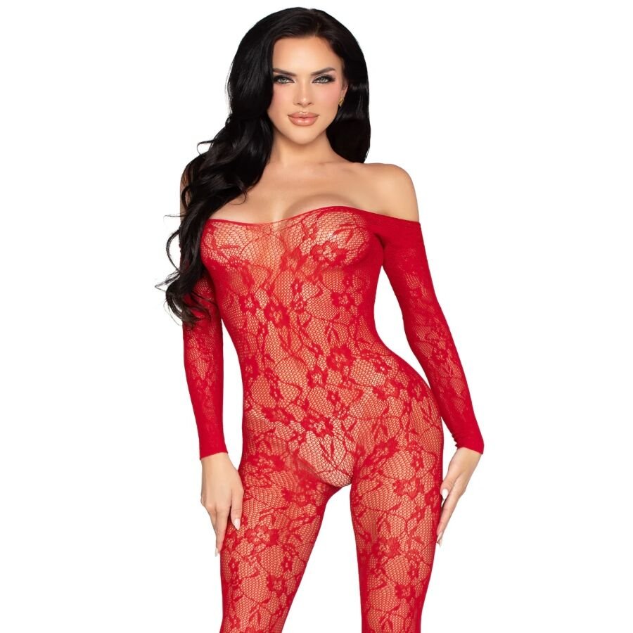 LEG AVENUE - 89366 BODYSTOCKING DE LENCERÍA DE ENCAJE ROJO - TALLA ÚNICA - OMerotics