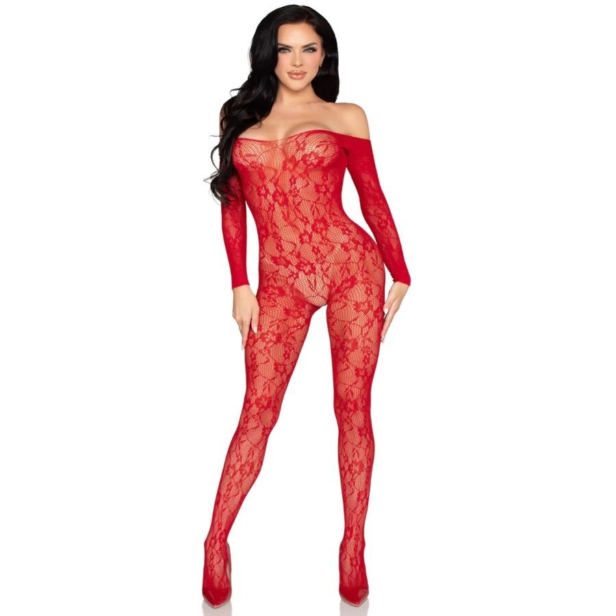 LEG AVENUE - 89366 BODYSTOCKING DE LENCERÍA DE ENCAJE ROJO - TALLA ÚNICA - OMerotics
