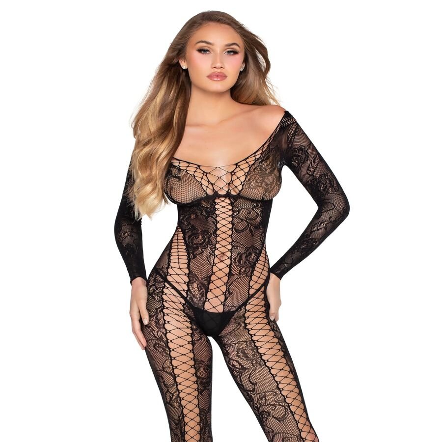 LEG AVENUE - 89369 JUMPSUIT DE RED Y ENCAJE NEGRO - TALLA ÚNICA - OMerotics