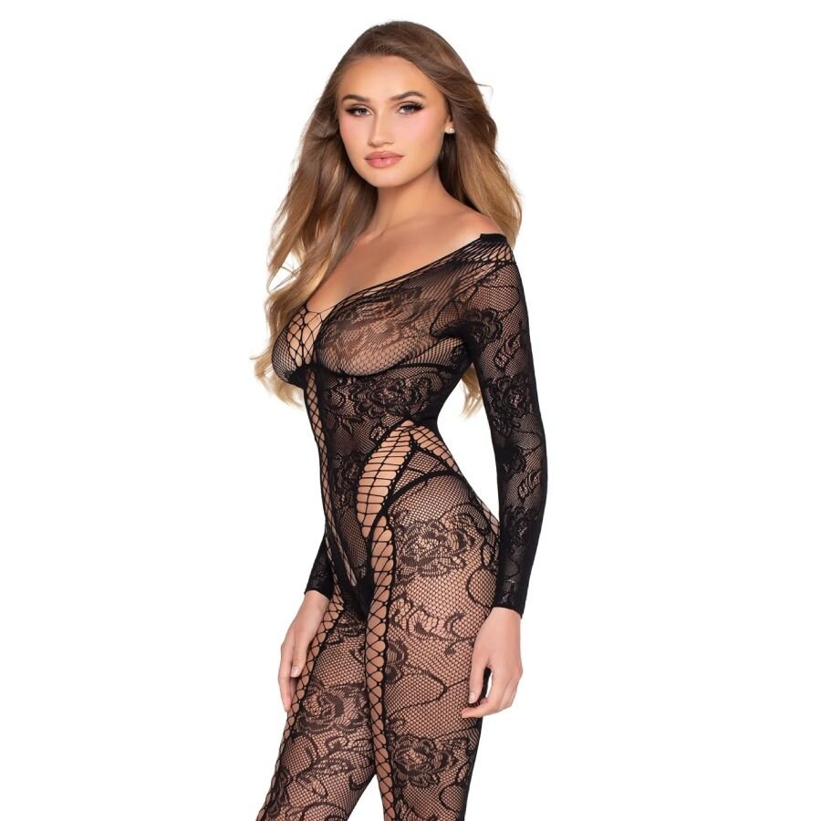 LEG AVENUE - 89369 JUMPSUIT DE RED Y ENCAJE NEGRO - TALLA ÚNICA - OMerotics