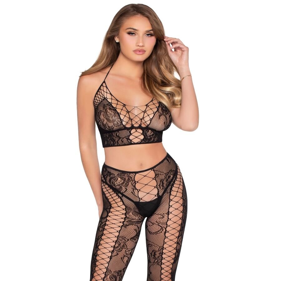 LEG AVENUE - 89368 CROP TOP DE RED Y ENCAJE CON MEDIAS NEGRO - TALLA ÚNICA - OMerotics