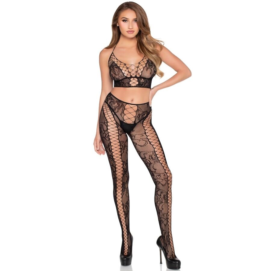 LEG AVENUE - 89368 CROP TOP DE RED Y ENCAJE CON MEDIAS NEGRO - TALLA ÚNICA - OMerotics