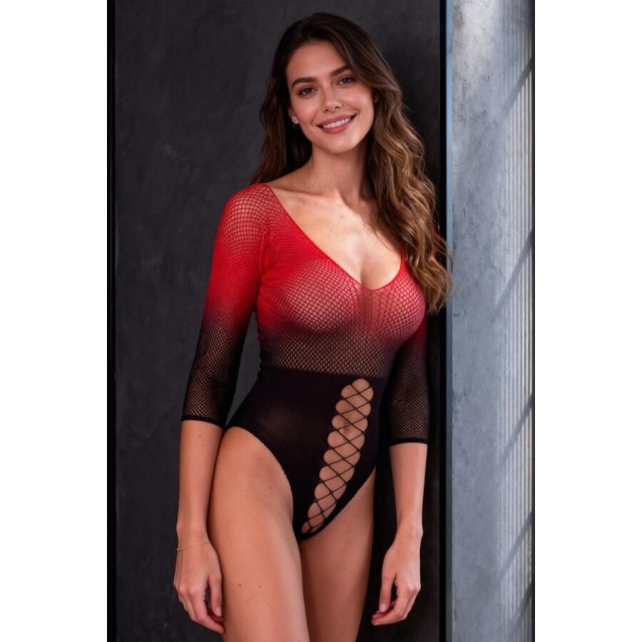PASSION - BS118 BODYSTOCKING DE MALLA NEGRO Y ROJO - OMerotics