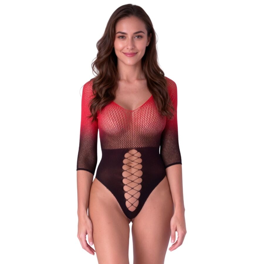 PASSION - BS118 BODYSTOCKING DE MALLA NEGRO Y ROJO - OMerotics