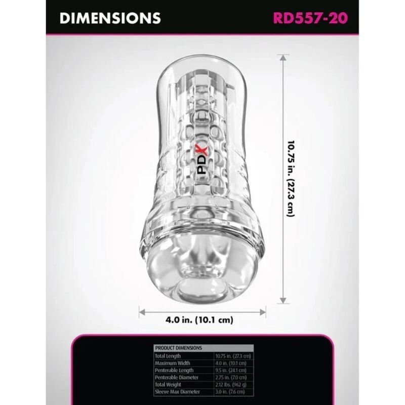 PDX ELITE - MASTURBADOR TRANSPARENTE VIEWTUBE PLUS SEE-THRU EZ-GRIP 21 CM - OMerotics