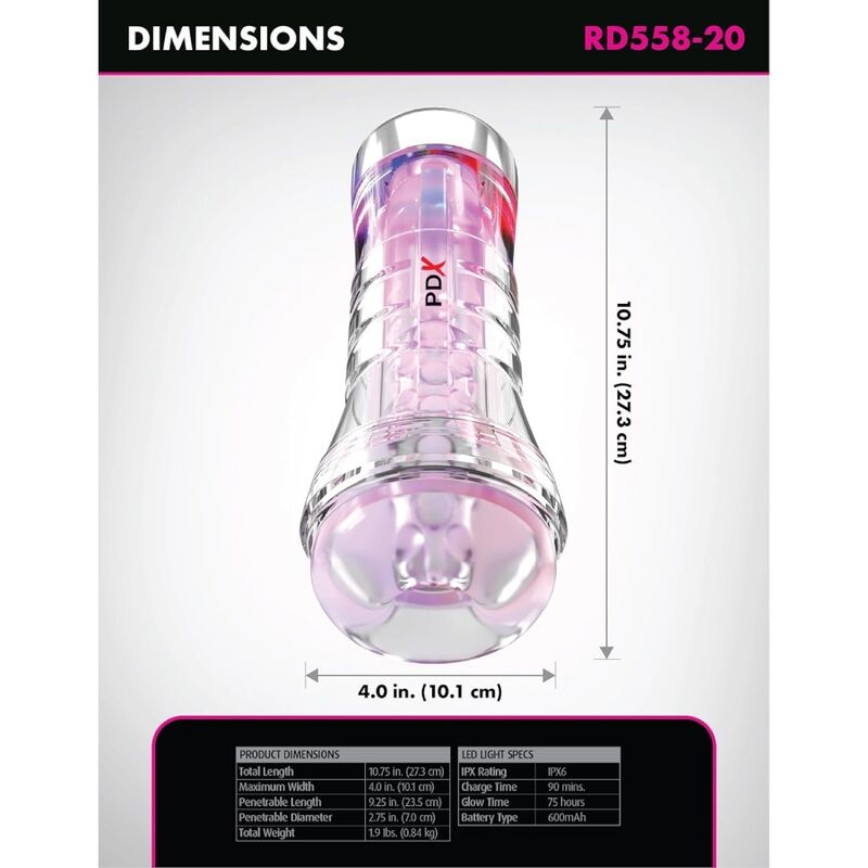 PDX ELITE - MASTURBADOR TRANSPARENTE VIEWTUBE XXL LED STROKER 27.3 CM - OMerotics