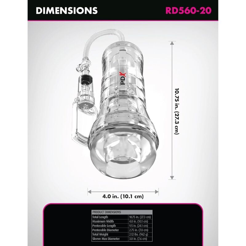 PDX ELITE - MASTURBADOR TRANSPARENTE VIEWTUBE VAC XXL CON BOMBA DE SUCCIÓN 27.3 CM - OMerotics