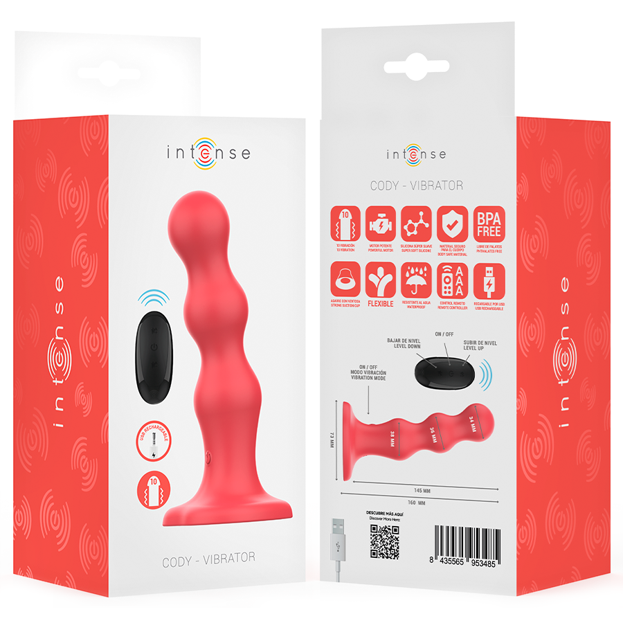 Intense - cody vibrador con ventosa rojo control remoto