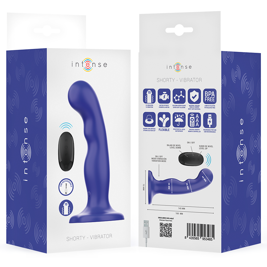 Intense - shorty vibrador con ventosa azul control remoto