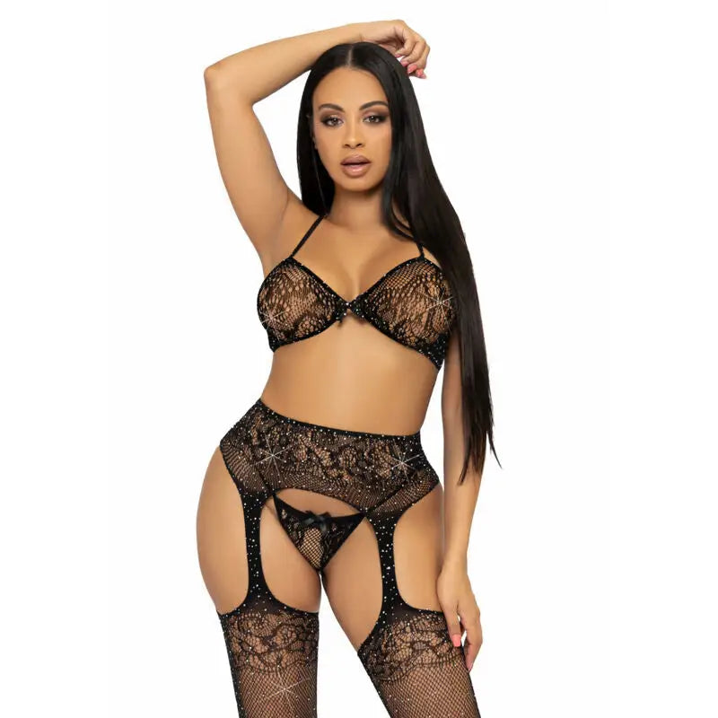 Leg avenue - set tres piezas sujetador tanga y medias - — / NEGRO