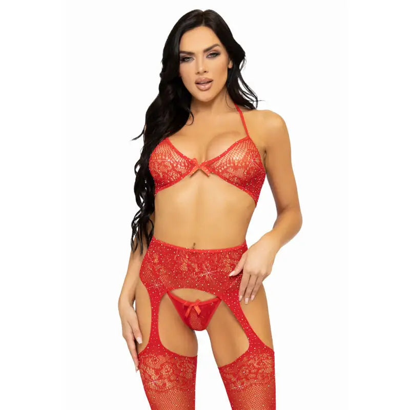 Leg avenue - set tres piezas sujetador tanga y medias - — / NEGRO
