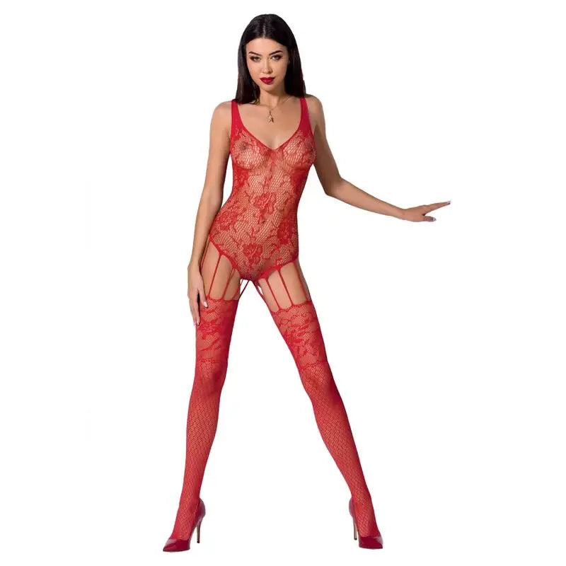 Passion - woman bs074 bodystocking talla única negro - ONE SIZE / ROJO