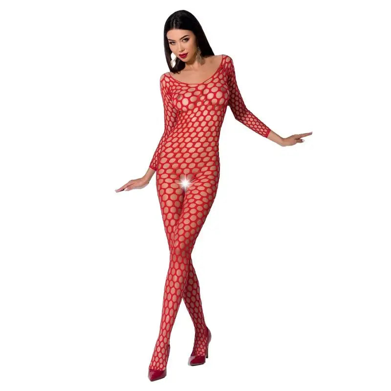 Passion - woman bs077 bodystocking talla única negro - ONE SIZE / ROJO