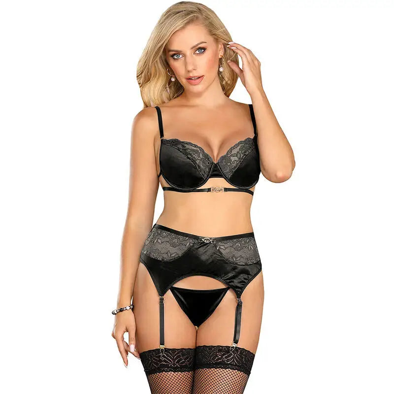 Subblime - set de 3 piezas sujetador + tanga + liga encaje - L/XL